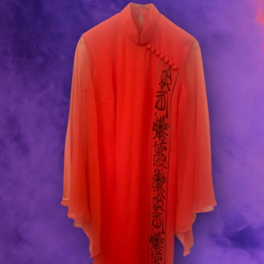 Classic 70s Alfred Shaheen red dramatic evening gown.